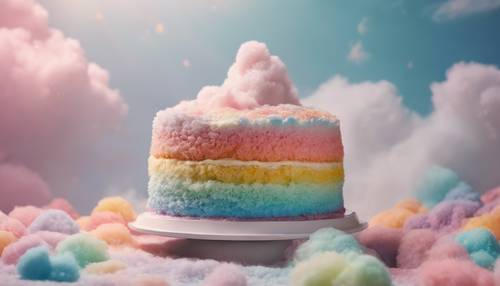 Tabanında köpüklü pamuk şeker bulutları bulunan, gökkuşağı katmanlı bir pasta.
