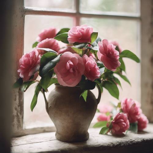 A rustic vase filled with freshly picked camellias on a windowsill.