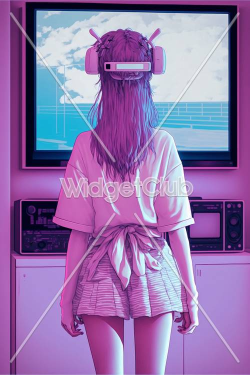 فتاة نابضة بالحياة باللونين الوردي والأرجواني مع سماعة رأس VR