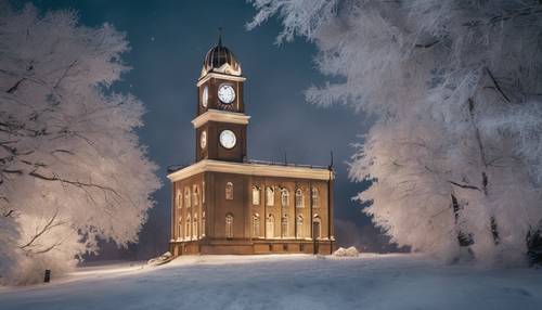 Una scena invernale silenziosa che raffigura una torre dell&#39;orologio ghiacciata che batte la mezzanotte.