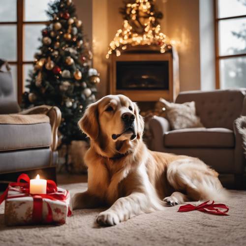 Ruang tamu yang apik dihiasi dekorasi Natal, seekor anjing golden retriever dengan pita liburan duduk dengan nyaman di dekat api unggun.