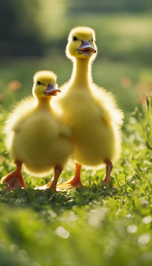 Bir grup tüylü sarı ördek yavrusu yeşil bir çayırda annelerini takip ediyor.