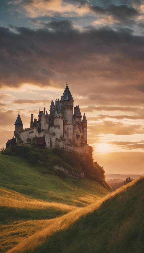 Ein spektakulärer Sonnenaufgang über einem alten, mystischen Schloss auf einem grasbewachsenen Hügel.