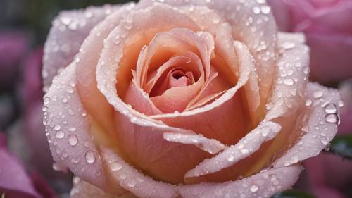 A closeup of a beautiful blooming rose, covered in morning dew. A quote about beauty and imperfection circles the rose in a delicate font. Wallpaper [58e73d6579b84ef092c7]