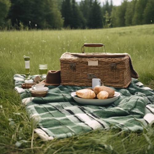 Scène de pique-nique avec une couverture à carreaux vert sauge étalée sur une prairie herbeuse luxuriante.