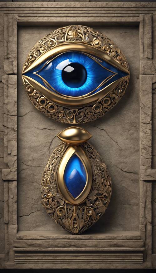 Un ojo maligno en 3D, elaborado intrincadamente con una rica piedra preciosa azul, colocado en una antigua tumba poco iluminada.