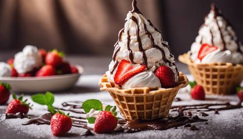 Handmade ice cream in a waffle cone, with strawberries, whipped cream and chocolate sauce.