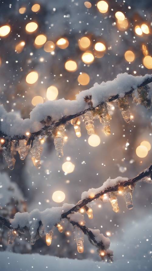 Christmas lights twinkling against the snow-covered branches, creating a magical winter wonderland.