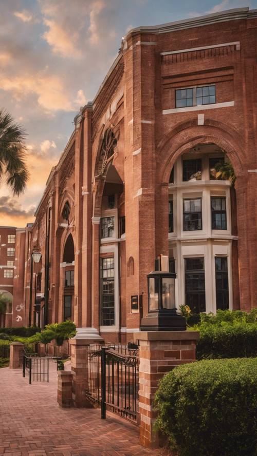 Kampus Uniwersytetu Stanowego Florydy i jego okazałe, ceglane budynki akademickie lśniące w promieniach zachodzącego słońca.