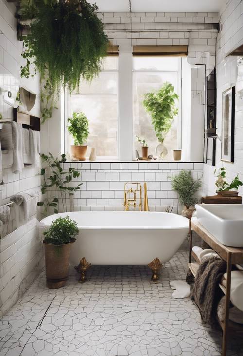 斯堪的納維亞浴室配有獨立浴缸、白色地鐵瓷磚、復古黃銅固定裝置、毛絨白色毛巾和一絲綠色植物。