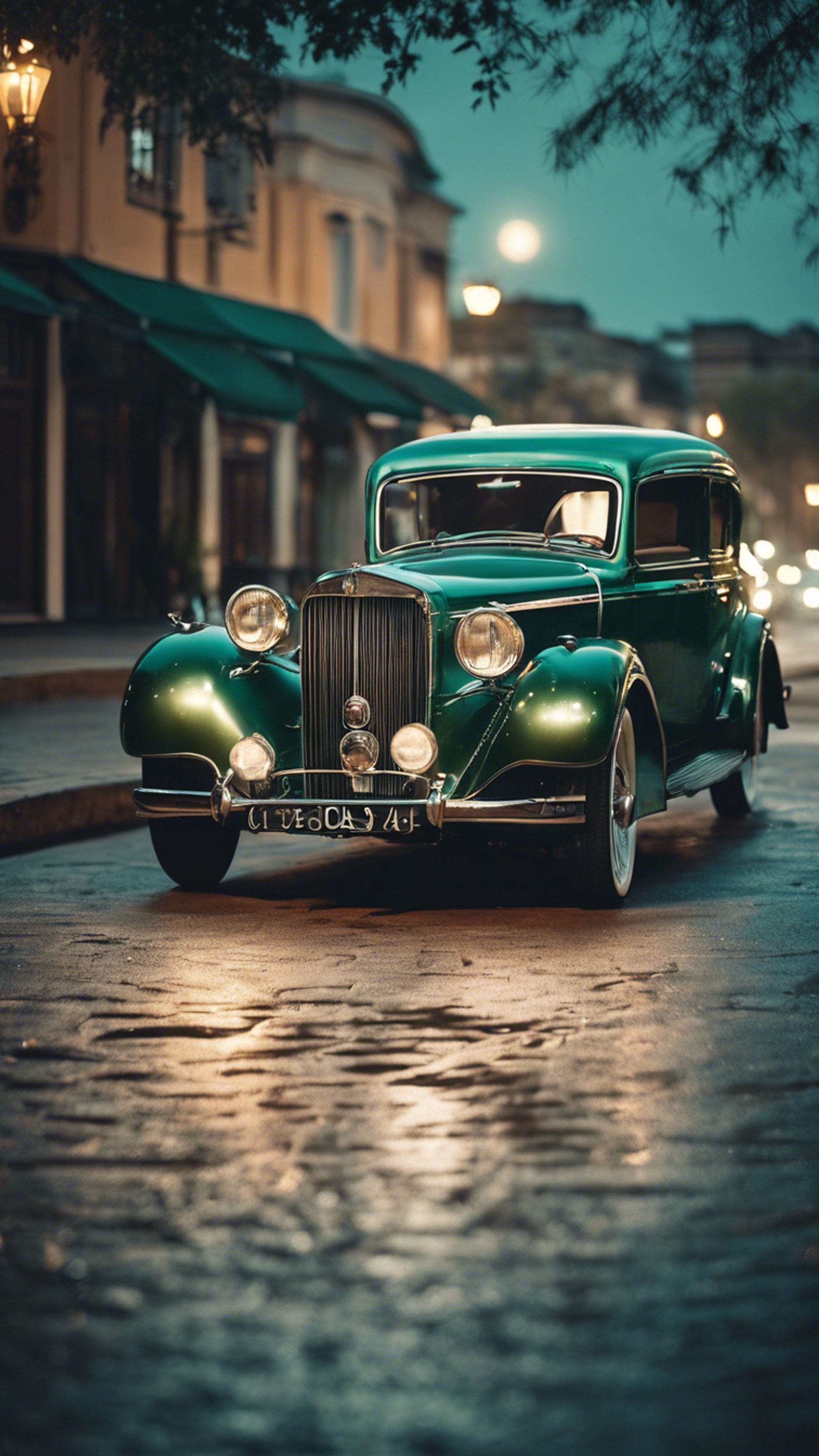 A luxurious antique car painted in cool dark green under the moonlight. Tapeta[5cdba2e68b66456f8c5a]