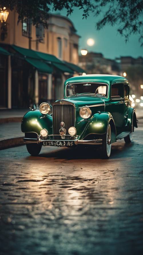 A luxurious antique car painted in cool dark green under the moonlight.