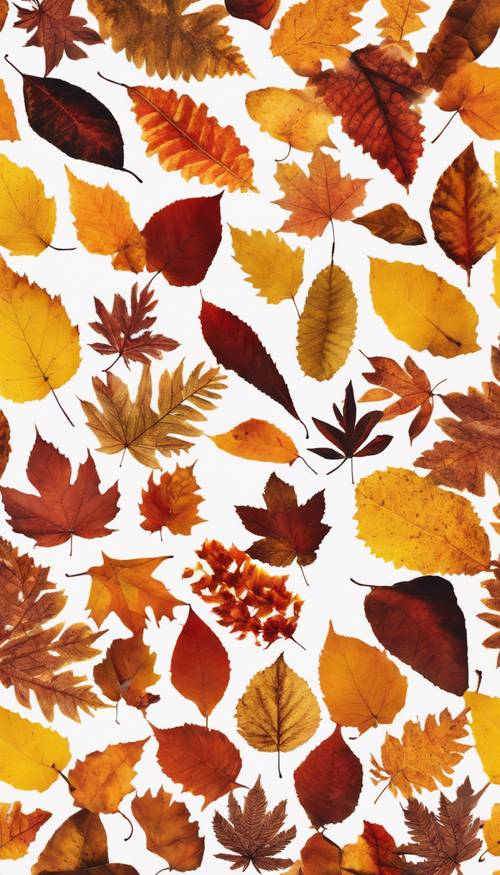 Kolaż kolorowych jesiennych liści rozłożonych na białym tle.