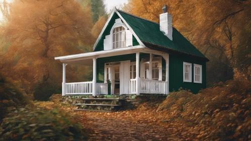 Weißes Holzhaus in einem smaragdgrünen Wald im Herbst.