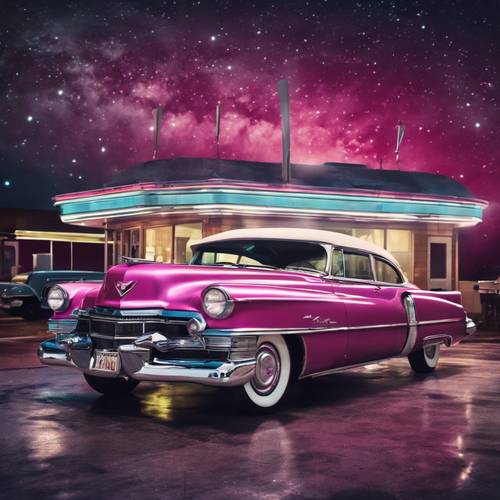 A retro-style image of a fuchsia Cadillac parked in a 1950s American diner, under starry night sky. Tapet [e33a4e4b58c2402aa2f8]