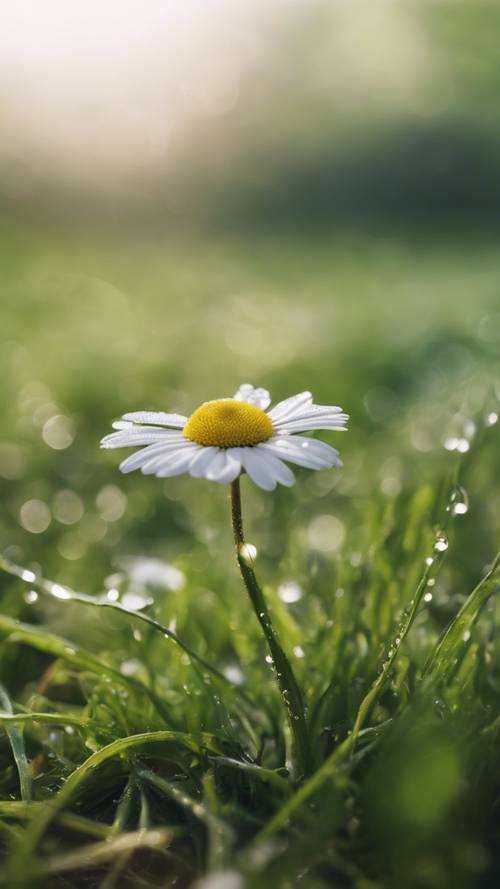 Pemandangan tenang di pagi hari yang berembun di padang rumput hijau subur, dengan satu bunga aster putih sebagai fokusnya.