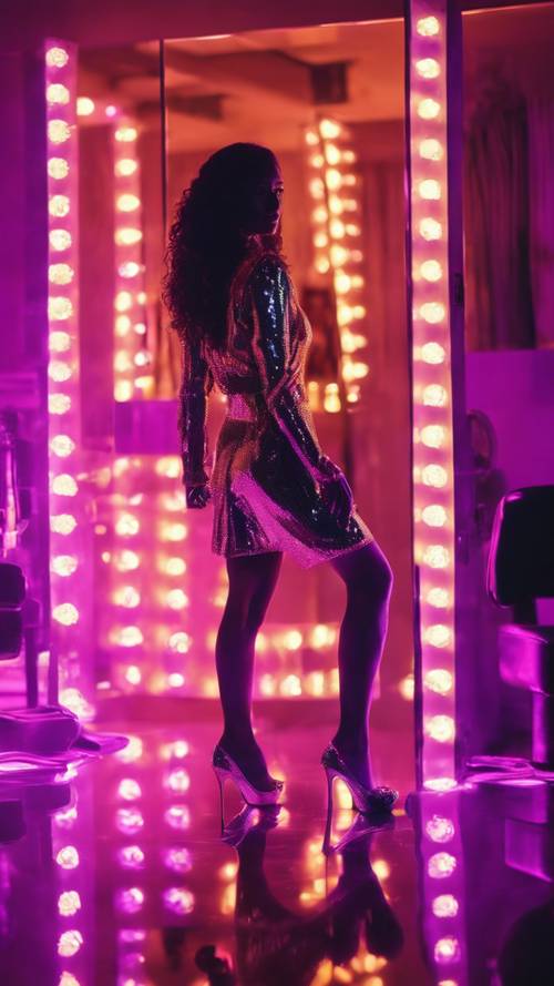 Eine selbstbewusste Bösewichtin in einem neonbeleuchteten Raum, gekleidet in Pailletten und High Heels, ihre Silhouette spiegelt sich im Spiegel.