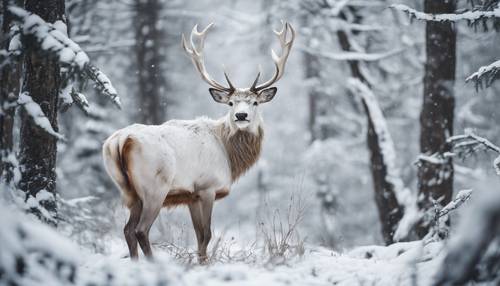 A majestic white stag wandering in a dense, snow-clad forest.