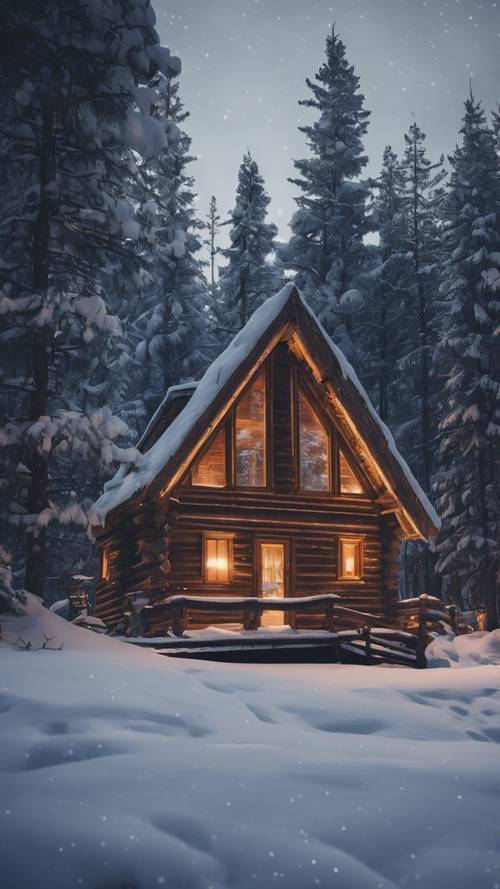 “在繁星点点的冬夜，一间舒适的小木屋坐落在白雪覆盖的松树林中。”