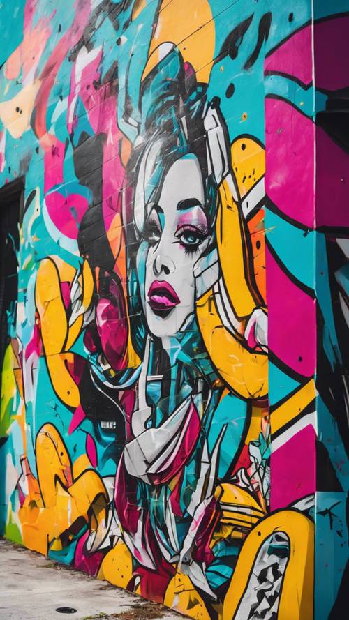 Un vibrante mural de arte callejero en Wynwood, Miami, que presenta arte abstracto y colores brillantes.