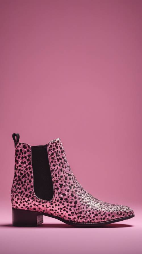 一双女式短靴，饰有闪亮的粉红色猎豹图案。