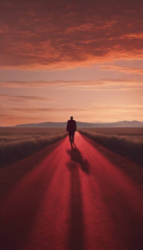Um homem solitário andando em uma estrada solitária vermelha escura durante o pôr do sol