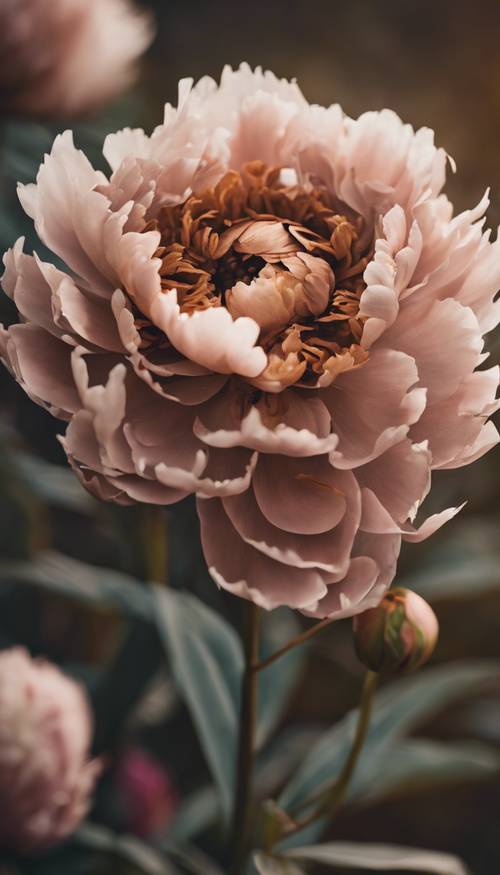 A brown peony wrapped in layers of delicate petals in a vibrant garden.