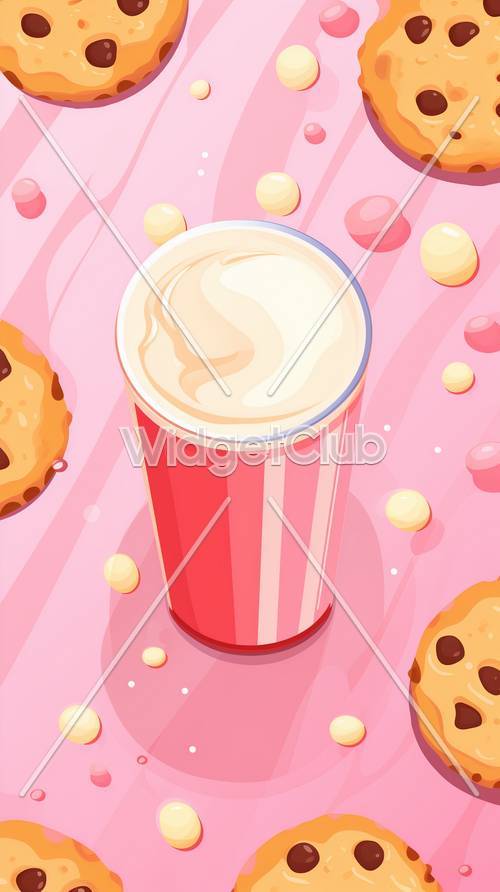 Café crémeux et biscuits sur fond rose