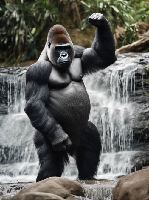 A silverback gorilla posing in front of a waterfall, flexing his muscles intimidatingly.