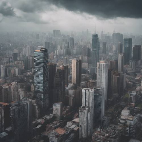 A clean and modern cityscape with skyscrapers piercing the cloudy gray sky.