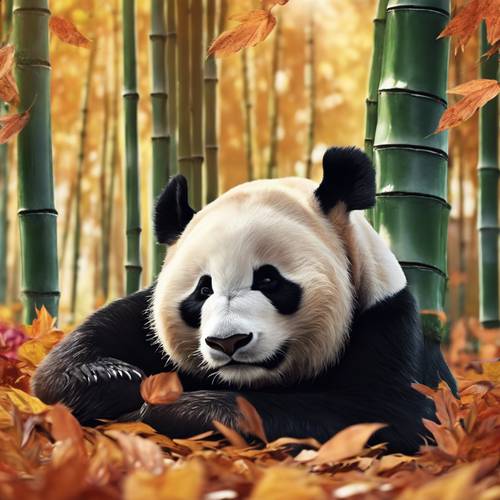 الباندا الراضية تنام وسط أوراق الخريف الملونة المتساقطة، تحت نباتات الخيزران الطويلة.