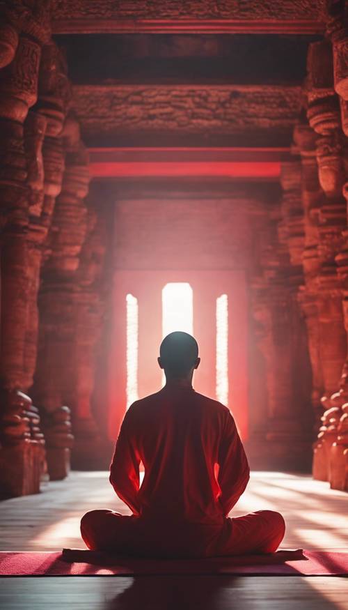 A lone yoga practitioner meditating under a red aura in an ancient temple. Tapet [00be2b5c15b34c2c9ada]