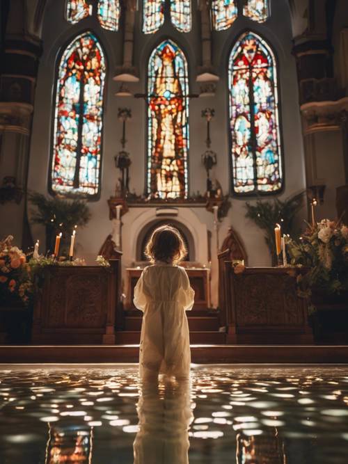 A picturesque scene of a child being baptized in a historical church, surrounded by stained-glass imagery.