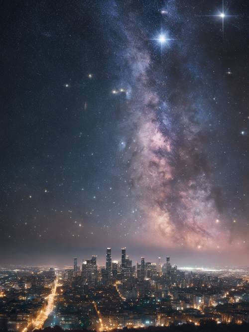 Cygnus constellation shining bright within the Milky Way galaxy from a bustling city skyline.
