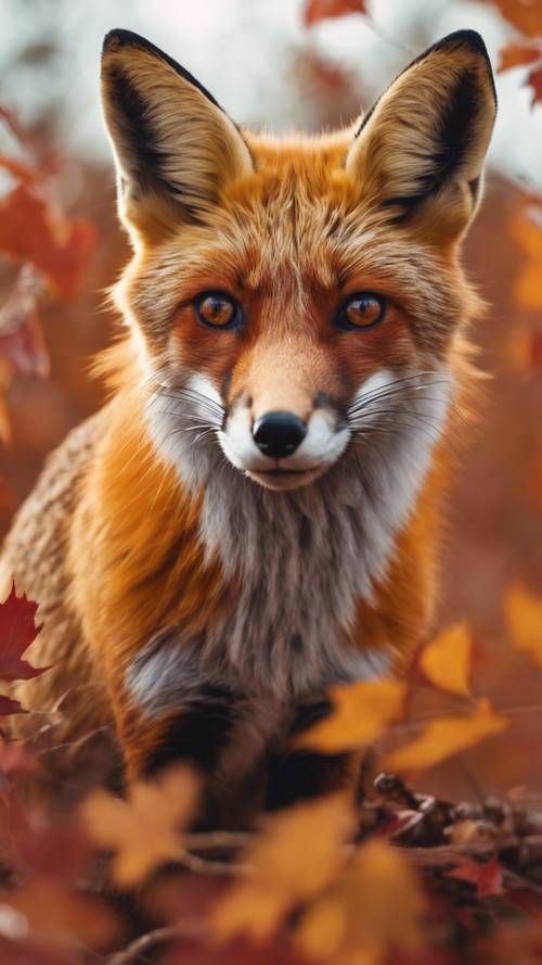Bức chân dung của một con cáo đỏ giữa tán lá mùa thu, bộ lông rực lửa của nó hòa quyện với màu sắc ấm áp của cảnh vật.
