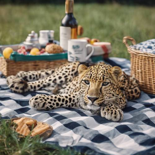 Leopardos formais fazendo um piquenique no campo, deitados sobre um cobertor xadrez. Papel de parede [f8f8f0a125334d649083]