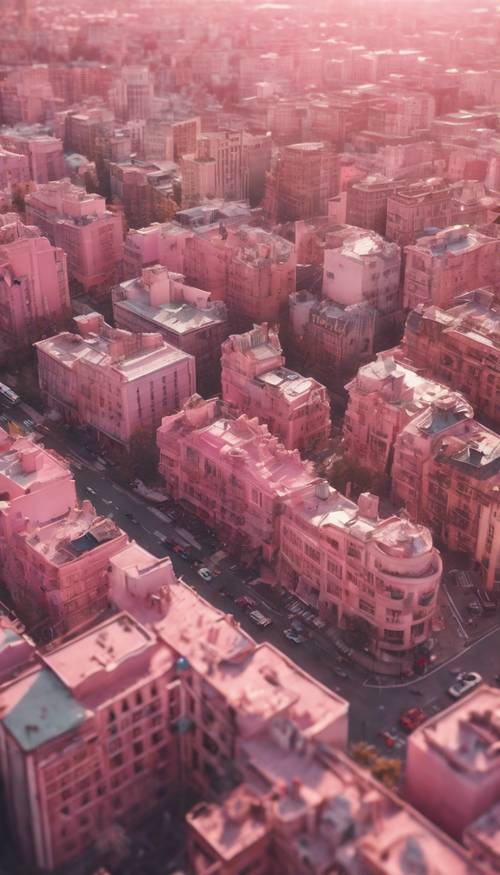 An epic bird's eye view of a city bathed in light pink aura.