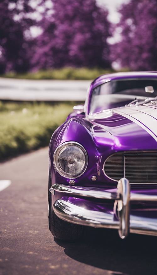 Coche de carreras vintage de color púrpura con atrevidas rayas blancas que lo atraviesan.