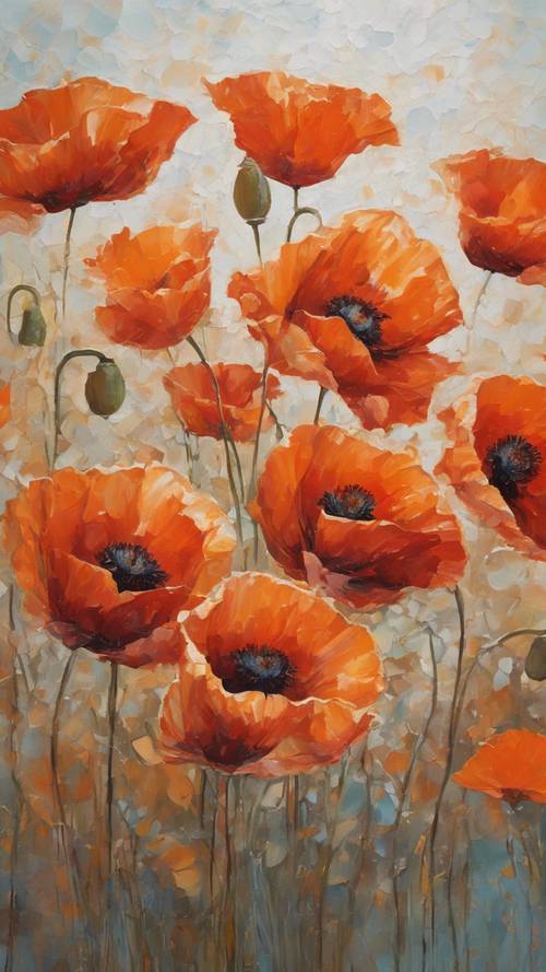 Lukisan kanvas bunga poppy merah-oranye dengan gaya impresionis.