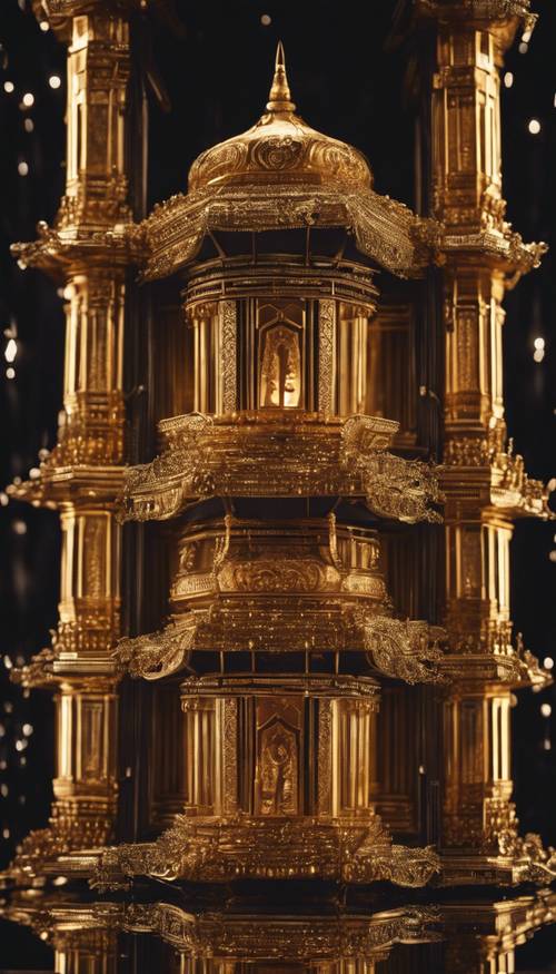 Ein reich verzierter, dunkelgoldener Tempel, der nachts beleuchtet ist. Hintergrund [859308ce089b4bb5b145]