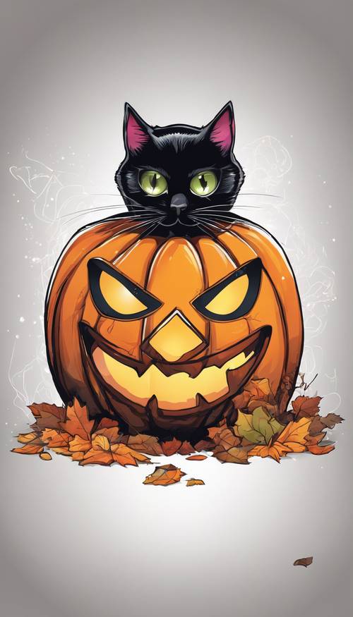 Um gato preto de desenho animado com olhos brilhantes, curiosamente espiando de uma abóbora de Halloween.