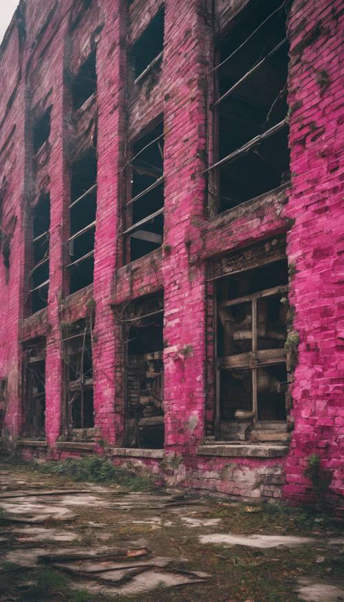 Sebuah pabrik yang ditinggalkan dengan dinding bata merah muda yang usang dan lapuk.