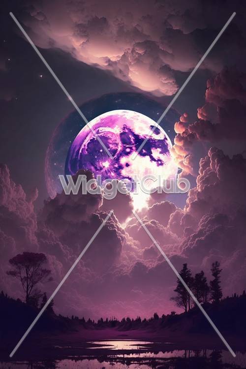 魔法の紫の月と星空の壁紙