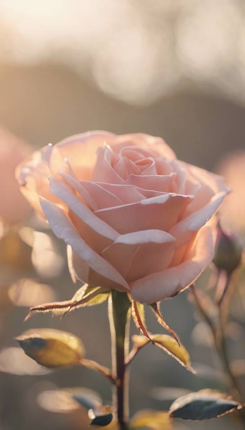 Бутон розы геометрической формы, излучающий элегантность, запечатленный в мягком сиянии утреннего восхода солнца. Обои [47926810928d4829980c]