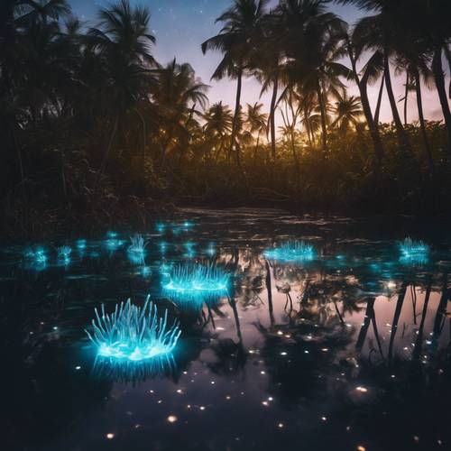 Uma cena de organismos bioluminescentes cintilantes iluminando uma lagoa tropical escura.