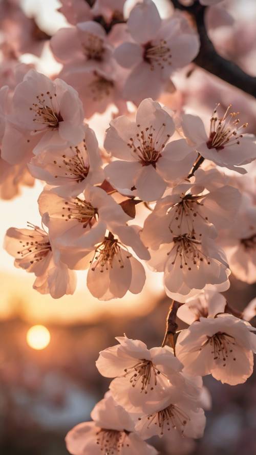 IPhone 12 Pro berwarna Emas bertengger di cabang bunga sakura yang mekar saat matahari terbenam yang indah.