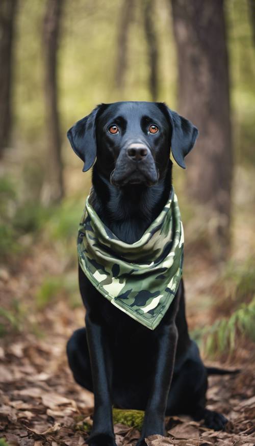 黑色拉布拉多犬脖子上繫著綠色迷彩頭巾。