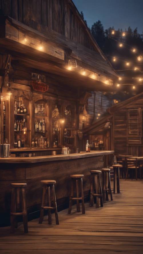 A rustic wooden bar at an old western saloon in the dusk light.