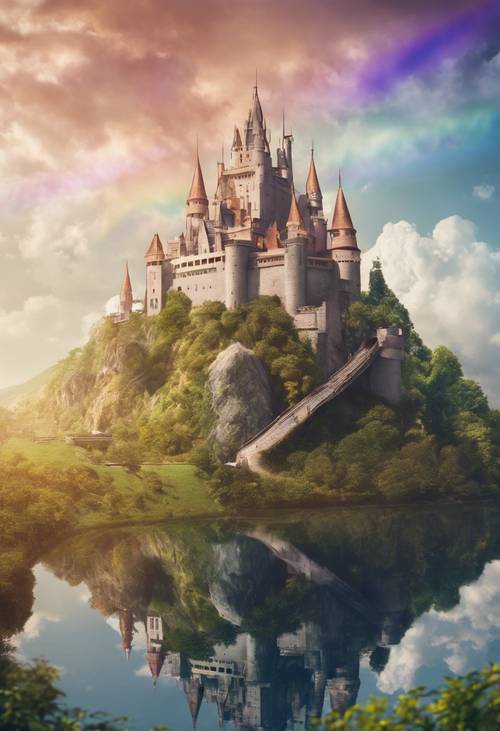 Un castello da favola da sogno annidato in cima a una nuvola, con un tortuoso sentiero arcobaleno che conduce ad esso.