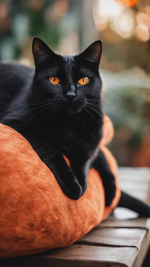 Một chú mèo đen lôi cuốn đang nằm dài trên chiếc đệm màu cam rực rỡ.